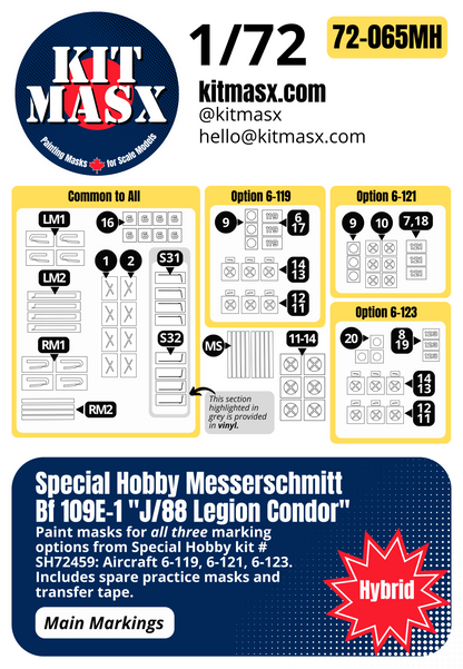 Special Hobby Messerschmitt Bf 109E-1 "J/88 Legion Condor" 1/72 Main Marking Paint Masks, Kit # SH72459