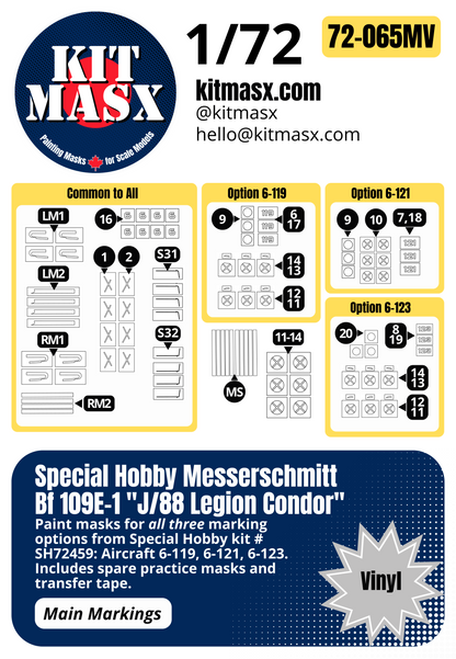 Special Hobby Messerschmitt Bf 109E-1 "J/88 Legion Condor" 1/72 Main Marking Paint Masks, Kit # SH72459