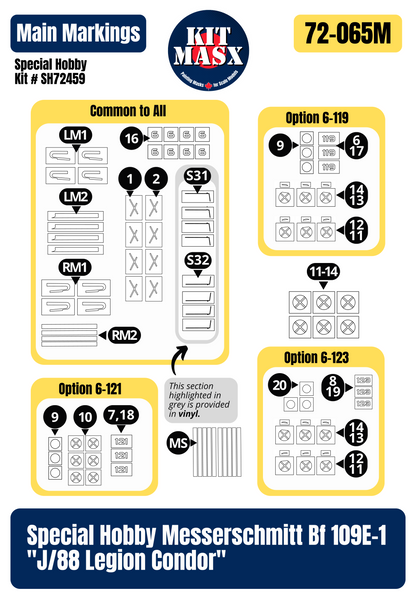 Special Hobby Messerschmitt Bf 109E-1 "J/88 Legion Condor" 1/72 Main Marking Paint Masks, Kit # SH72459