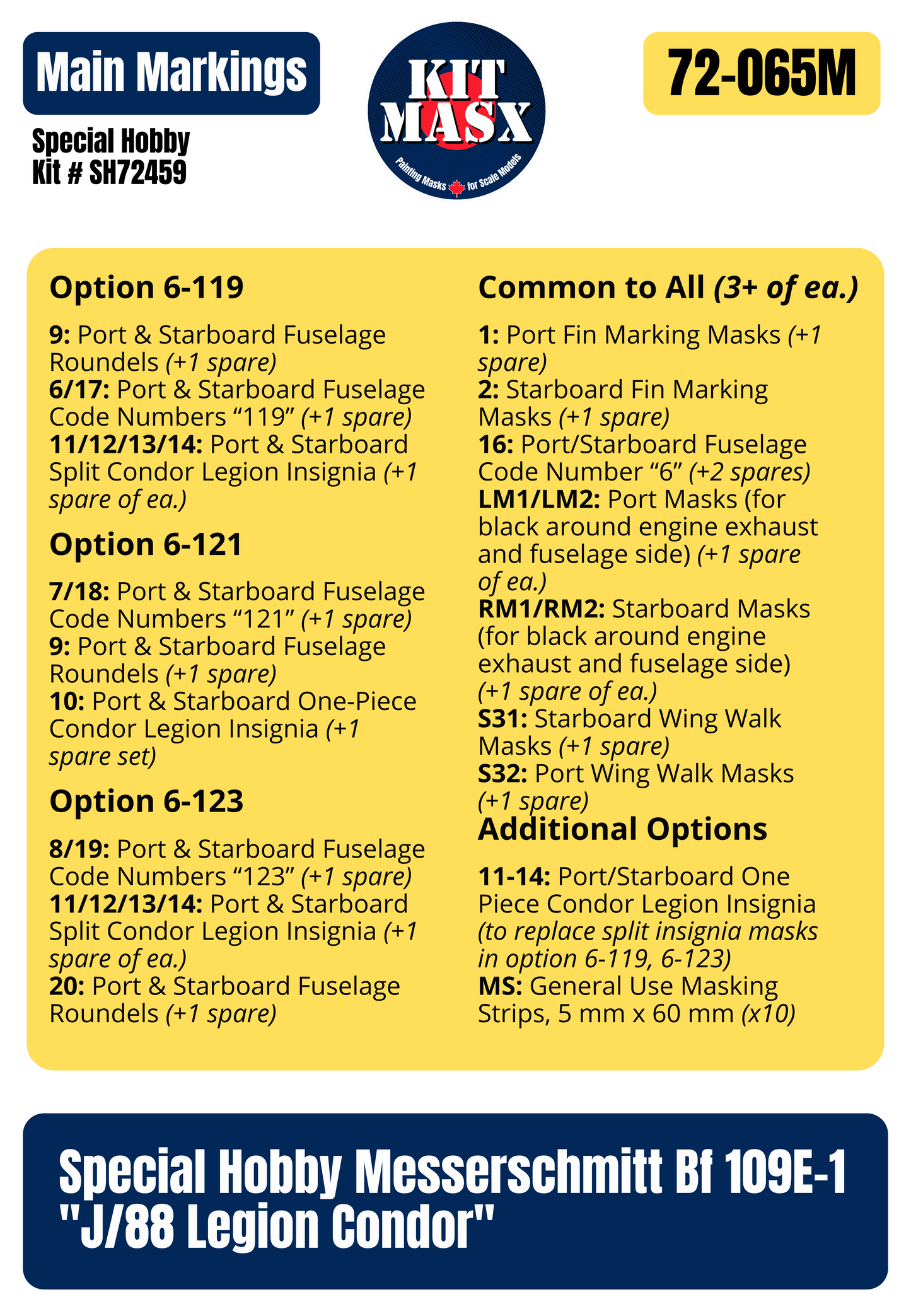 Special Hobby Messerschmitt Bf 109E-1 "J/88 Legion Condor" 1/72 Main Marking Paint Masks, Kit # SH72459