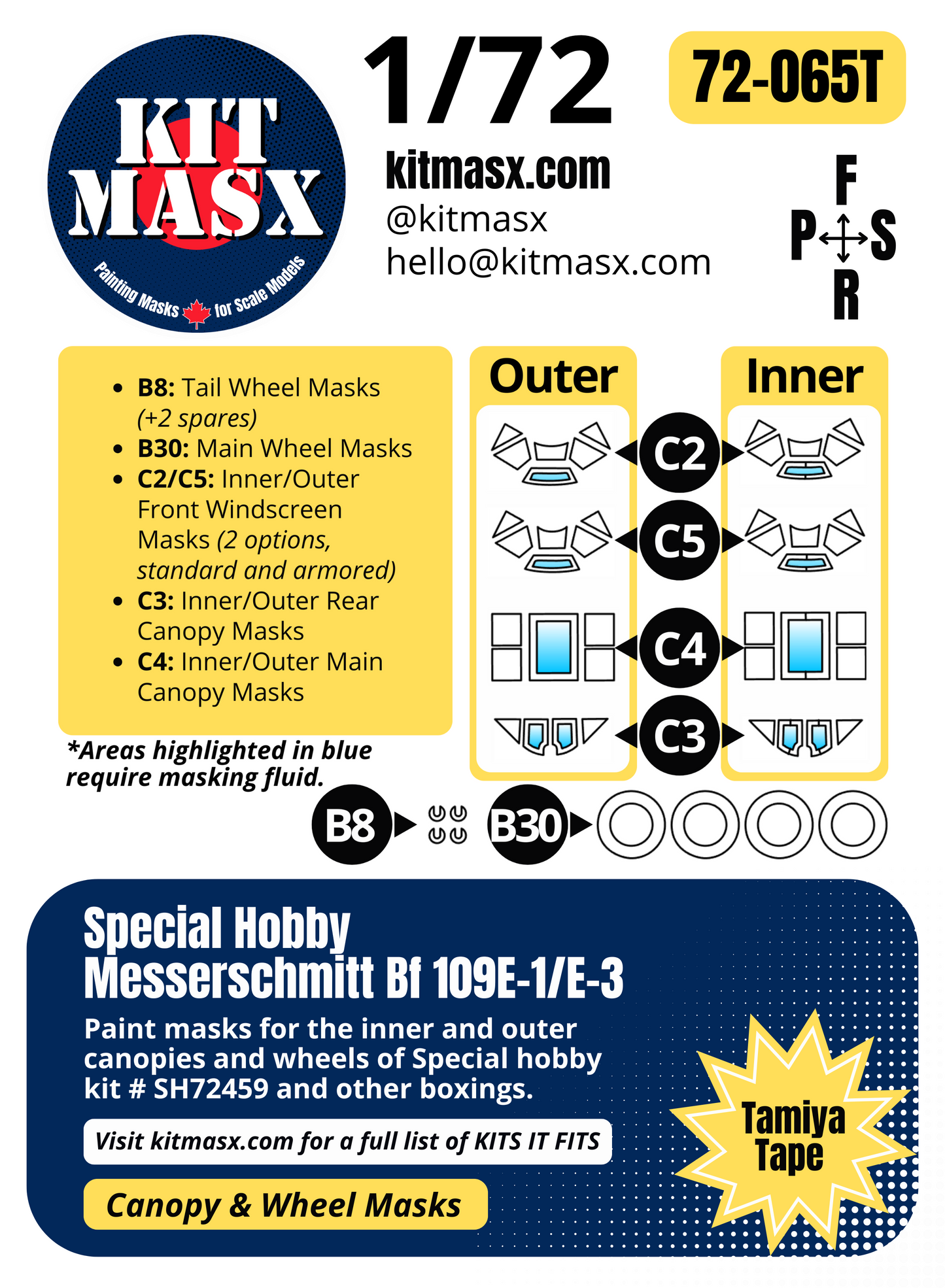 Special Hobby Messerschmitt Bf 109E-1/E-3 1/72 Canopy & Wheel Paint Masks, Kit # SH72459