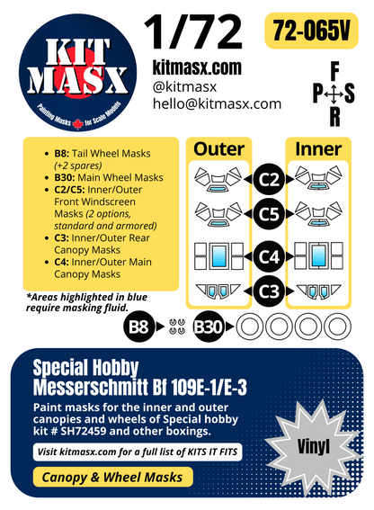 Special Hobby Messerschmitt Bf 109E-1/E-3 1/72 Canopy & Wheel Paint Masks, Kit # SH72459