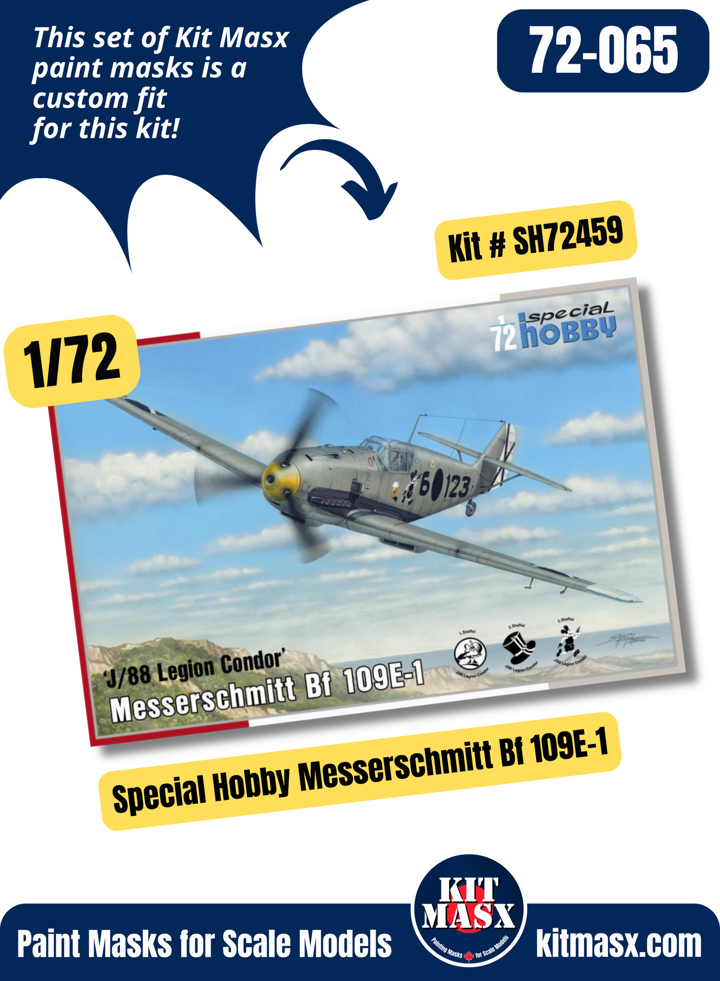 Special Hobby Messerschmitt Bf 109E-1 "J/88 Legion Condor" 1/72 Main Marking Paint Masks, Kit # SH72459