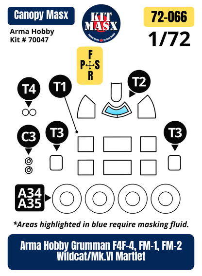 Arma Hobby Grumman F4F-4, FM-1, FM-2 Wildcat/Mk.VI Martlet 1/72 Canopy & Wheel Paint Masks, Kit # 70047 (72066)