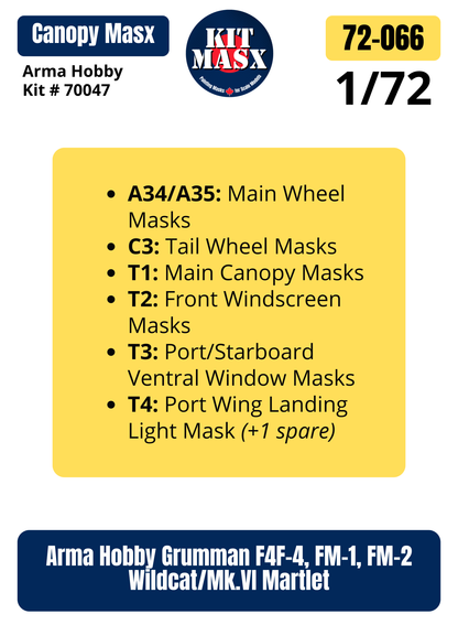 Arma Hobby Grumman F4F-4, FM-1, FM-2 Wildcat/Mk.VI Martlet 1/72 Canopy & Wheel Paint Masks, Kit # 70047 (72066)