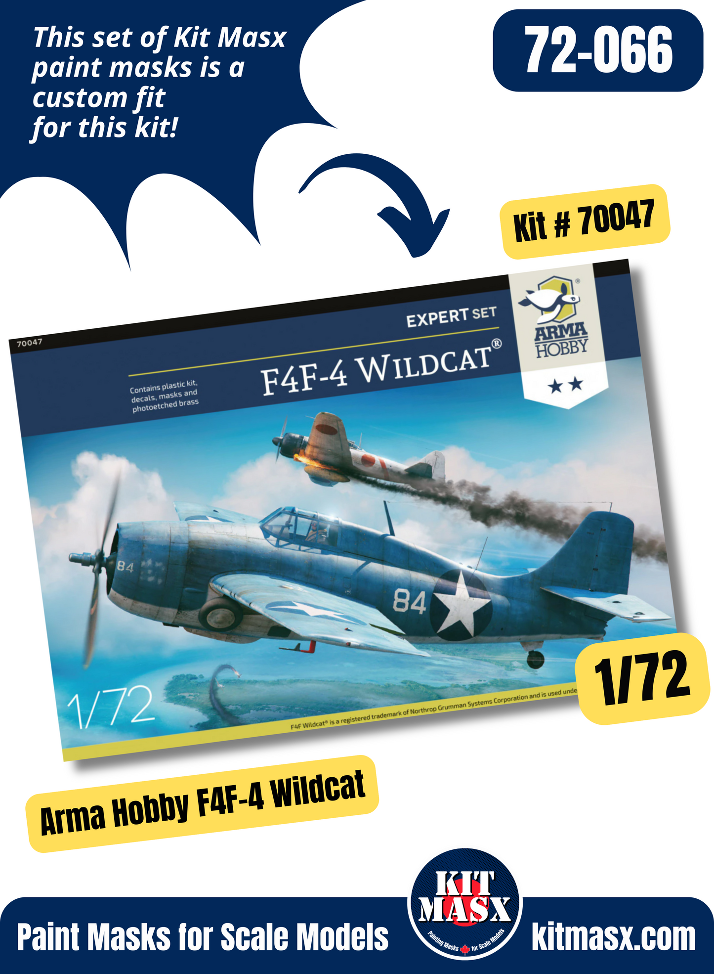 Arma Hobby Grumman F4F-4, FM-1, FM-2 Wildcat/Mk.VI Martlet 1/72 Canopy & Wheel Paint Masks, Kit # 70047