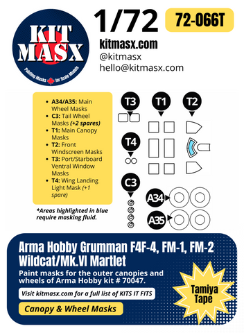 Arma Hobby Grumman F4F-4, FM-1, FM-2 Wildcat/Mk.VI Martlet 1/72 Canopy & Wheel Paint Masks, Kit # 70047