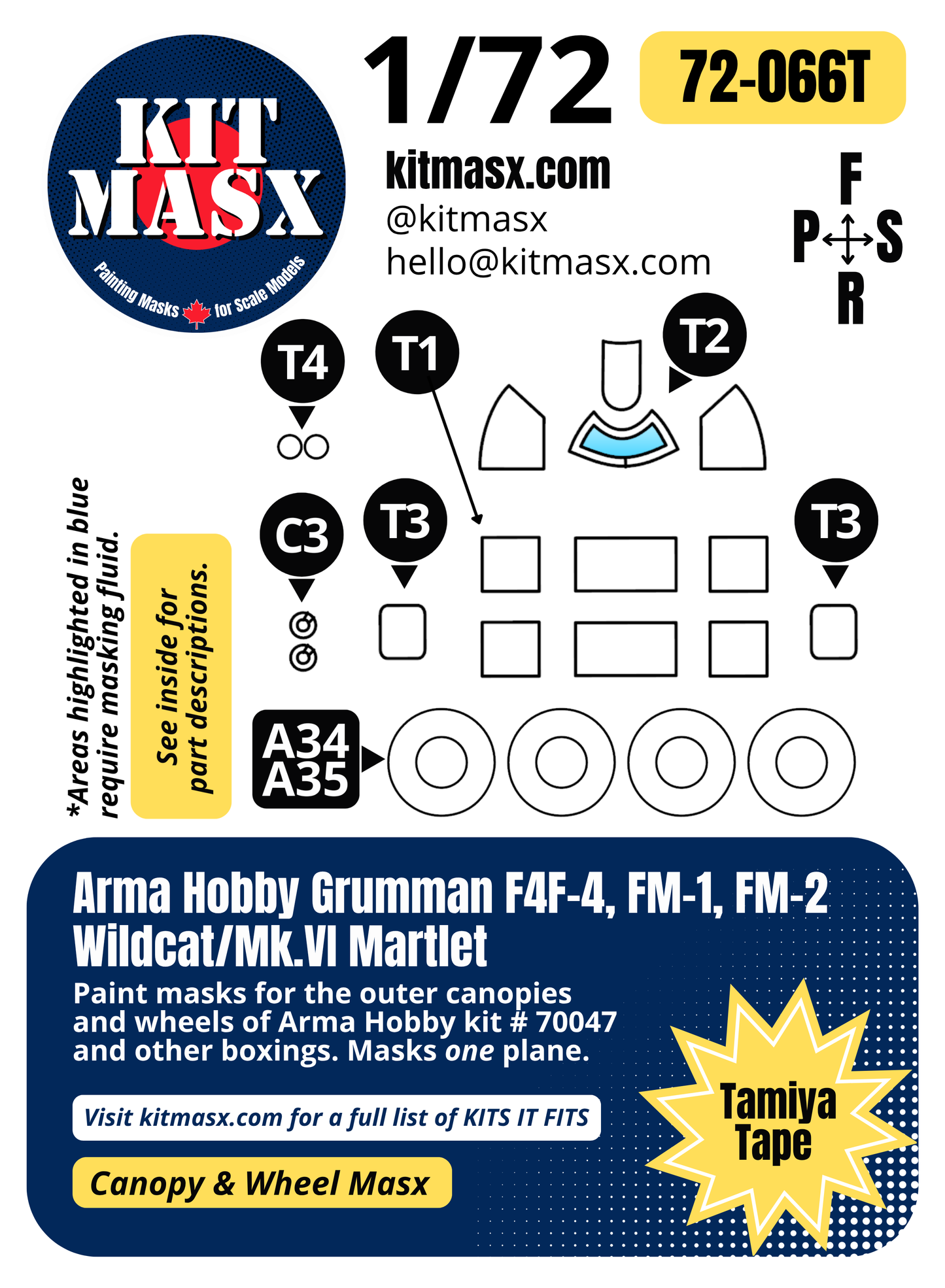 Arma Hobby Grumman F4F-4, FM-1, FM-2 Wildcat/Mk.VI Martlet 1/72 Canopy & Wheel Paint Masks, Kit # 70047 (72066)