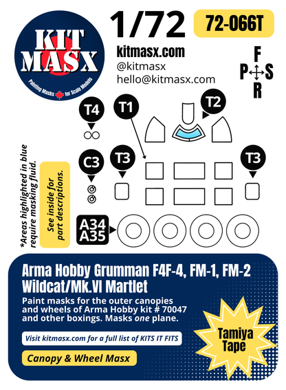 Arma Hobby Grumman F4F-4, FM-1, FM-2 Wildcat/Mk.VI Martlet 1/72 Canopy & Wheel Paint Masks, Kit # 70047 (72066)