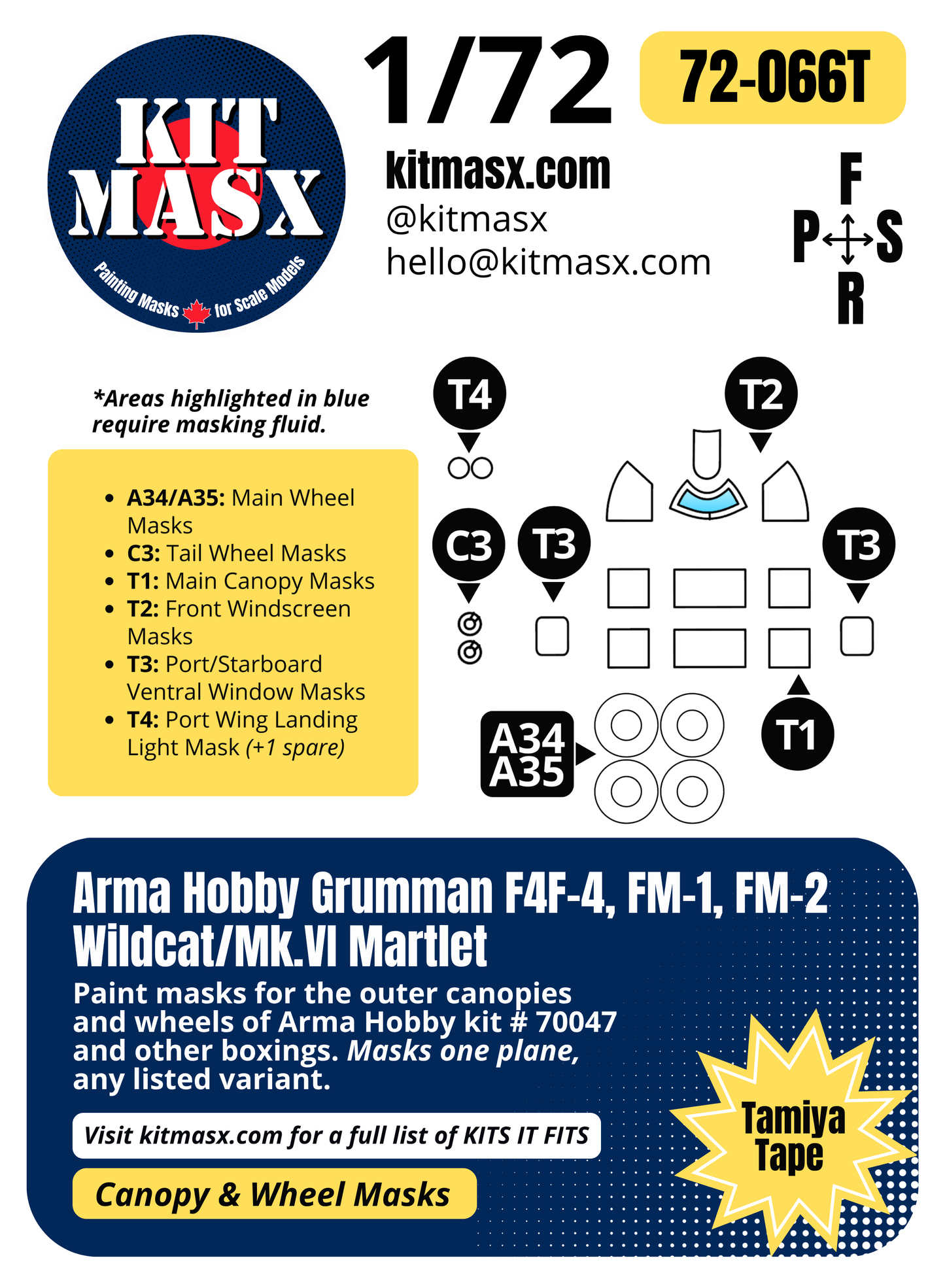 Arma Hobby Grumman F4F-4, FM-1, FM-2 Wildcat/Mk.VI Martlet 1/72 Canopy & Wheel Paint Masks, Kit # 70047