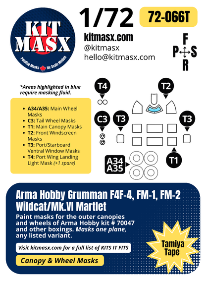 Arma Hobby Grumman F4F-4, FM-1, FM-2 Wildcat/Mk.VI Martlet 1/72 Canopy & Wheel Paint Masks, Kit # 70047