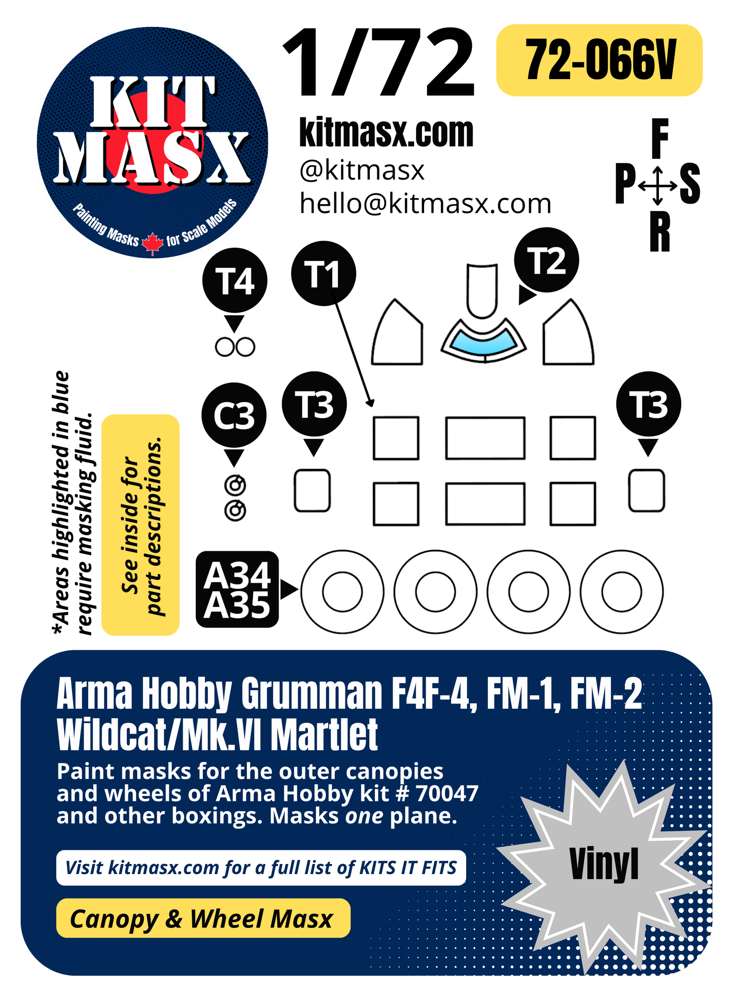 Arma Hobby Grumman F4F-4, FM-1, FM-2 Wildcat/Mk.VI Martlet 1/72 Canopy & Wheel Paint Masks, Kit # 70047 (72066)