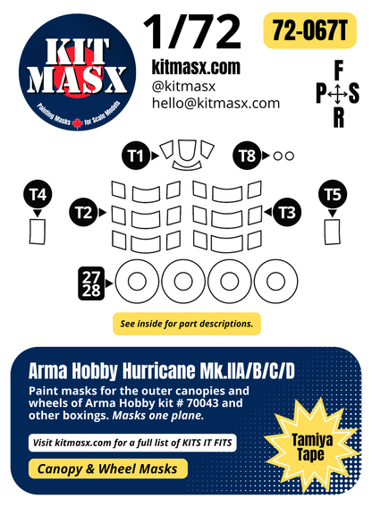 Arma Hobby Hurricane Mk.IIA/B/C/D 1/72 Canopy & Wheel Paint Masks, Kit # 70043