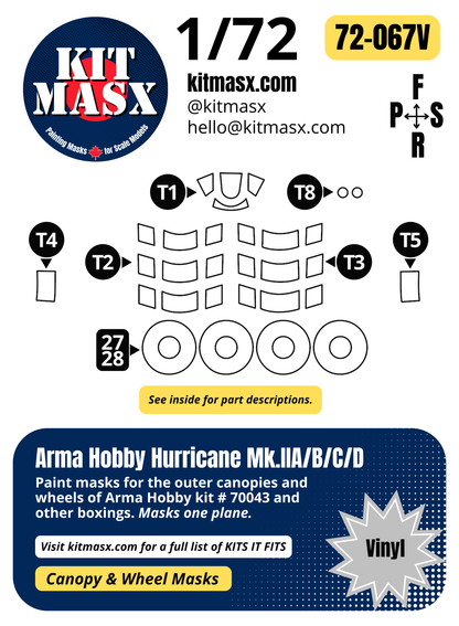 Arma Hobby Hurricane Mk.IIA/B/C/D 1/72 Canopy & Wheel Paint Masks, Kit # 70043