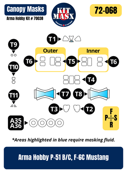 Arma Hobby P-51 B/C, F-6C Mustang 1/72 Canopy & Wheel Paint Masks, Kit # 70038