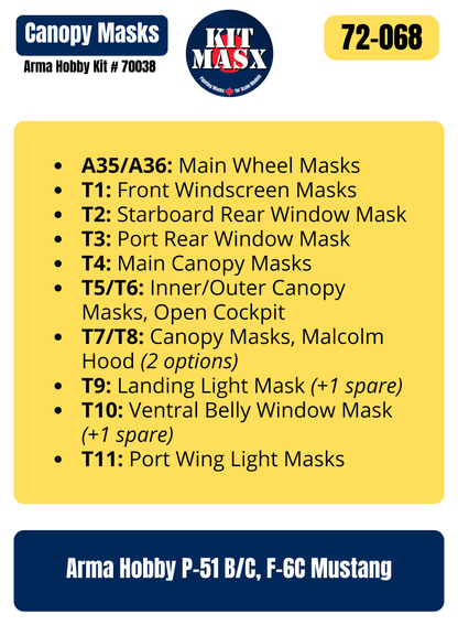 Arma Hobby P-51 B/C, F-6C Mustang 1/72 Canopy & Wheel Paint Masks, Kit # 70038