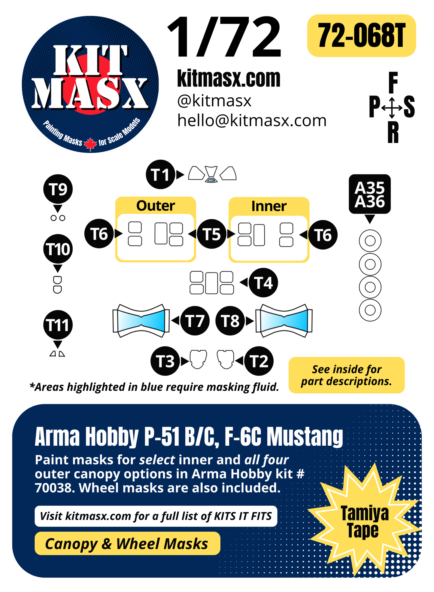 Arma Hobby P-51 B/C, F-6C Mustang 1/72 Canopy & Wheel Paint Masks, Kit # 70038