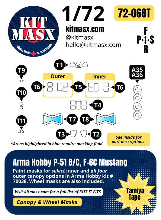 Arma Hobby P-51 B/C, F-6C Mustang 1/72 Canopy & Wheel Paint Masks, Kit # 70038
