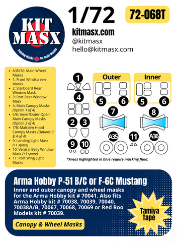 Arma Hobby P-51 B/C, F-6C Mustang 1/72 Canopy & Wheel Paint Masks, Kit # 70038