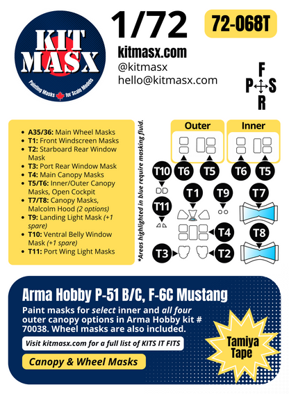 Arma Hobby P-51 B/C, F-6C Mustang 1/72 Canopy & Wheel Paint Masks, Kit # 70038