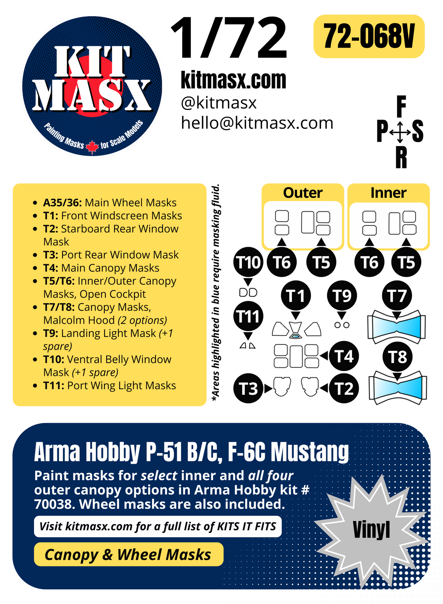Arma Hobby P-51 B/C, F-6C Mustang 1/72 Canopy & Wheel Paint Masks, Kit # 70038