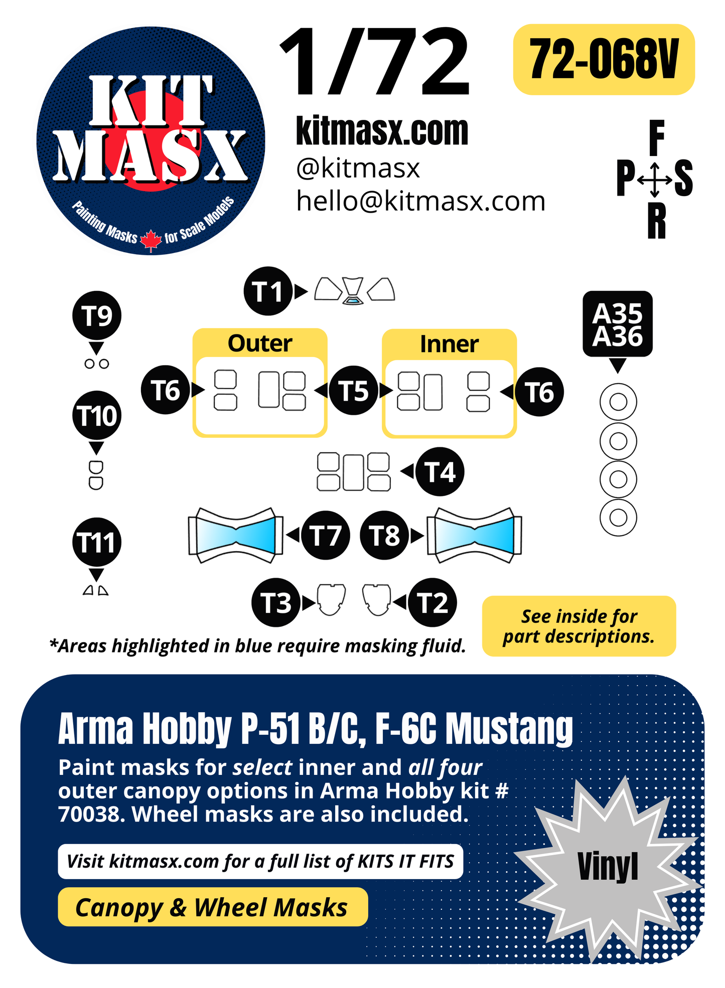 Arma Hobby P-51 B/C, F-6C Mustang 1/72 Canopy & Wheel Paint Masks, Kit # 70038