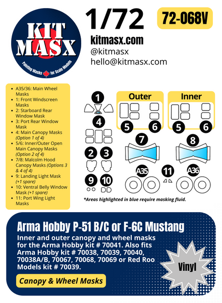 Arma Hobby P-51 B/C, F-6C Mustang 1/72 Canopy & Wheel Paint Masks, Kit # 70038