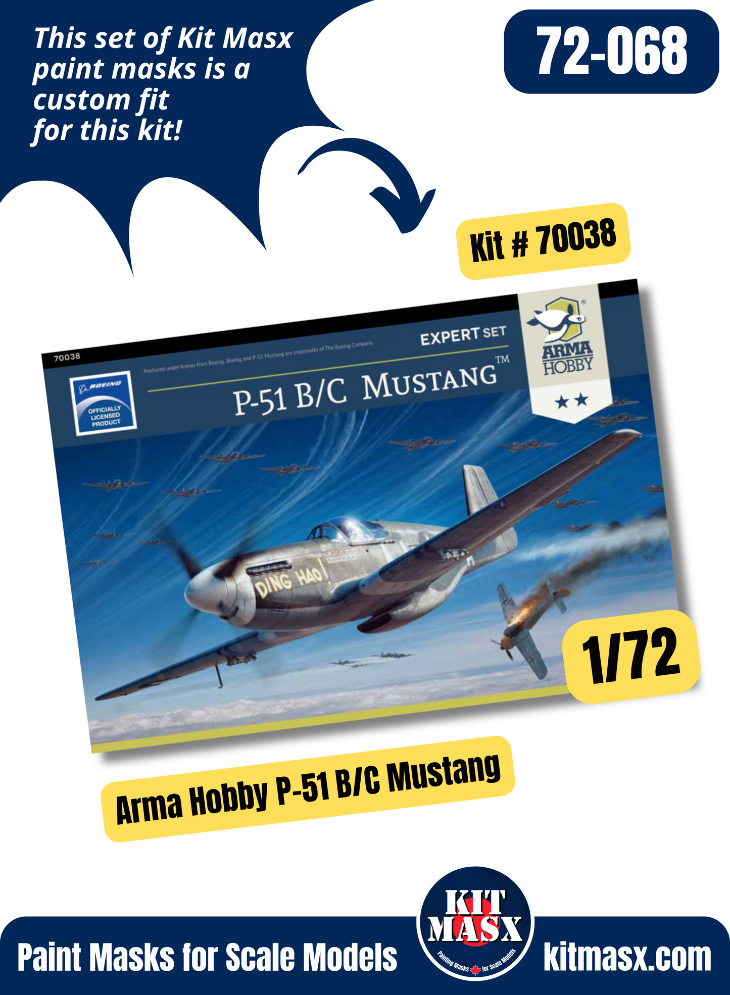 Arma Hobby P-51 B/C, F-6C Mustang 1/72 Canopy & Wheel Paint Masks, Kit # 70038