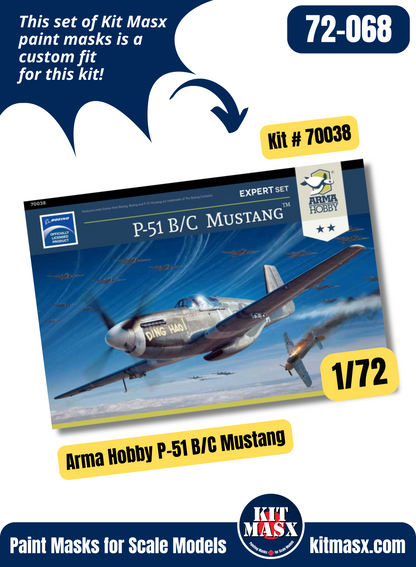 Arma Hobby P-51 B/C, F-6C Mustang 1/72 Canopy & Wheel Paint Masks, Kit # 70038