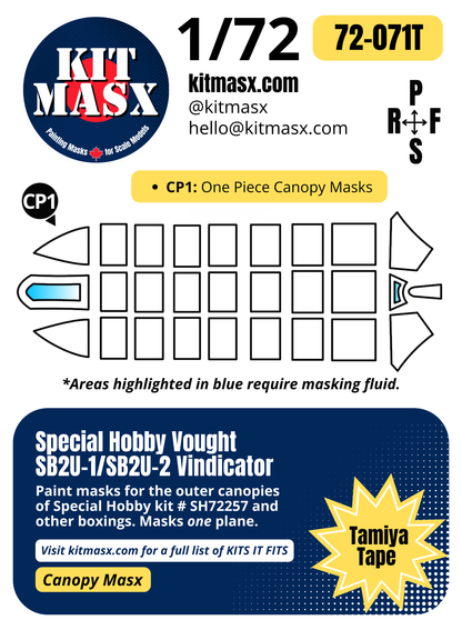 Special Hobby Vought SB2U-1/SB2U-2 Vindicator 1/72 Canopy Paint Masks, Kit # SH72257 (72071)