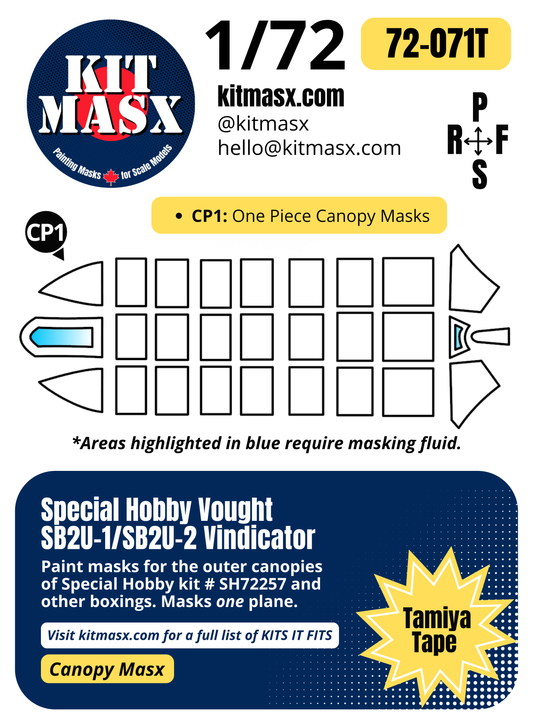Special Hobby Vought SB2U-1/SB2U-2 Vindicator 1/72 Canopy Paint Masks, Kit # SH72257 (72071)