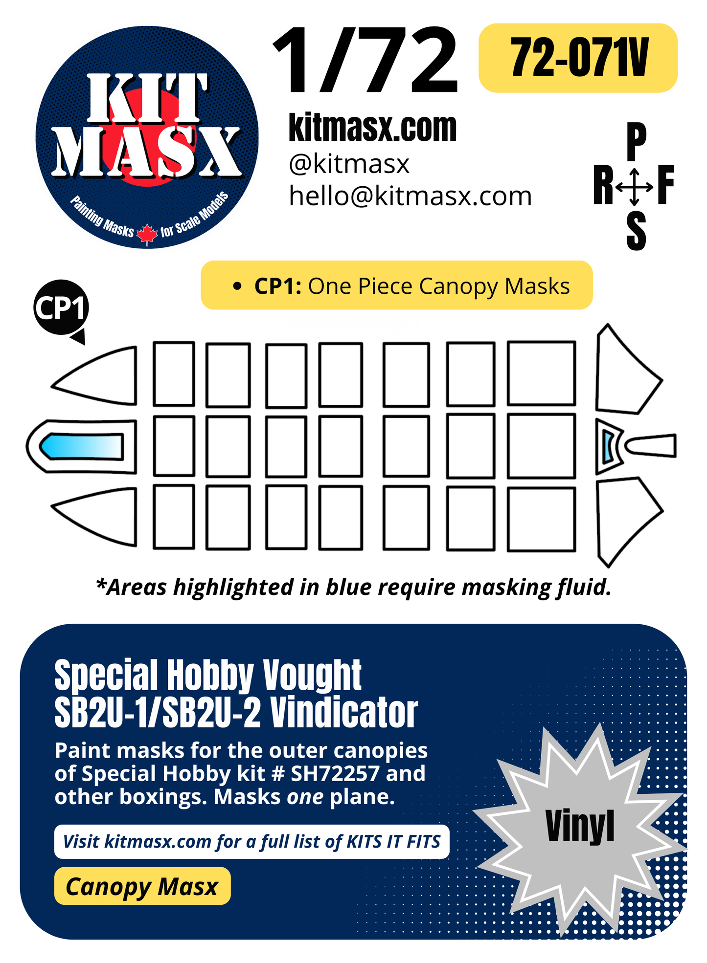 Special Hobby Vought SB2U-1/SB2U-2 Vindicator 1/72 Canopy Paint Masks, Kit # SH72257 (72071)