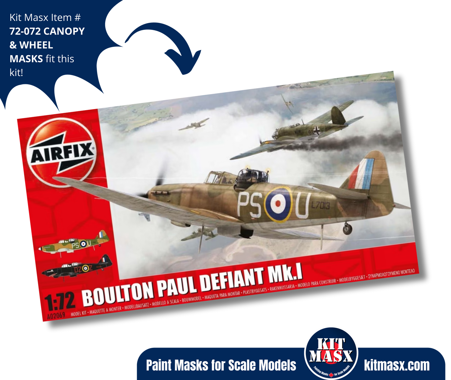 Airfix Boulton Paul Defiant Mk.I 1/72 Canopy, Camouflage, & Main Marking Paint Masks, Kit # A50170