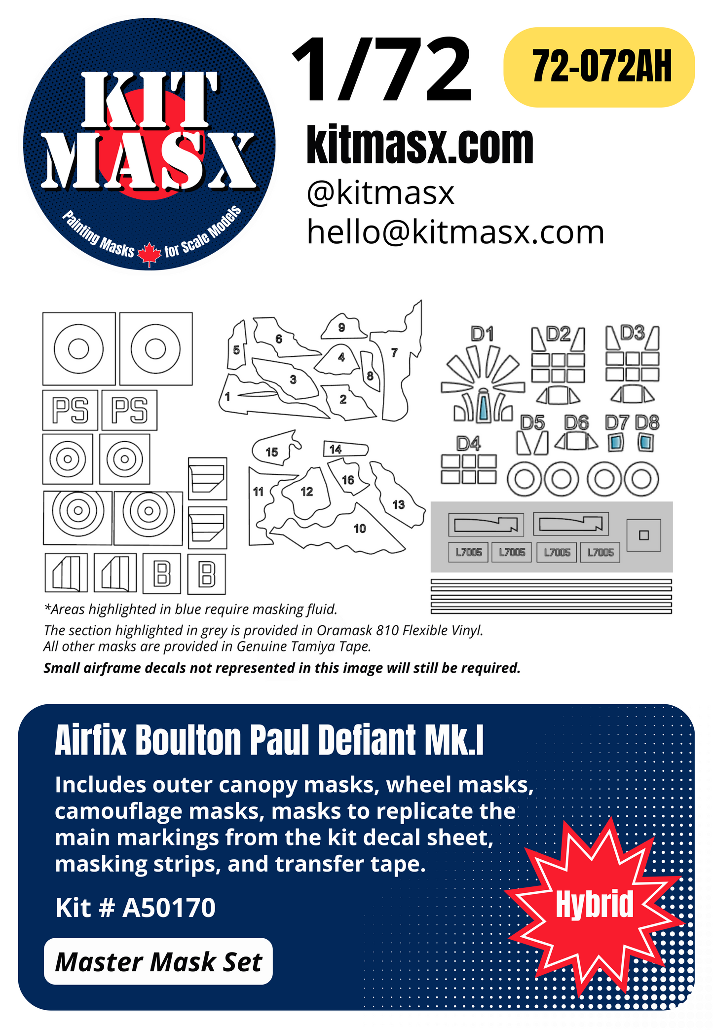 Airfix Boulton Paul Defiant Mk.I 1/72 Canopy, Camouflage, & Main Marking Paint Masks, Kit # A50170