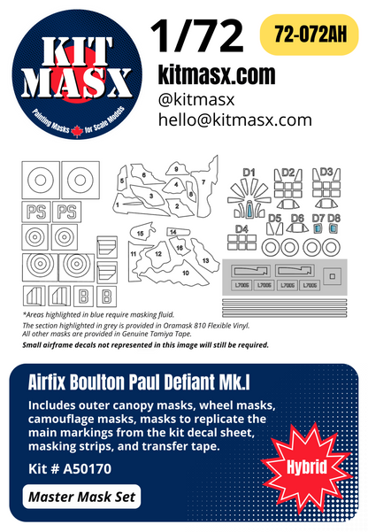 Airfix Boulton Paul Defiant Mk.I 1/72 Canopy, Camouflage, & Main Marking Paint Masks, Kit # A50170