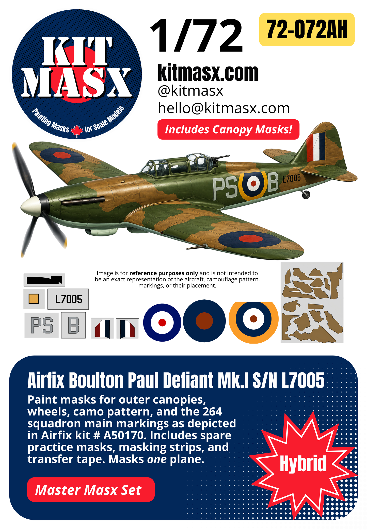 Airfix Boulton Paul Defiant Mk.I S/N L7005 1/72 All-in-One Master Mask Set, Kit # A50170 (72072A)