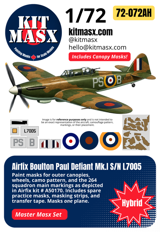 Airfix Boulton Paul Defiant Mk.I S/N L7005 1/72 All-in-One Master Mask Set, Kit # A50170 (72072A)