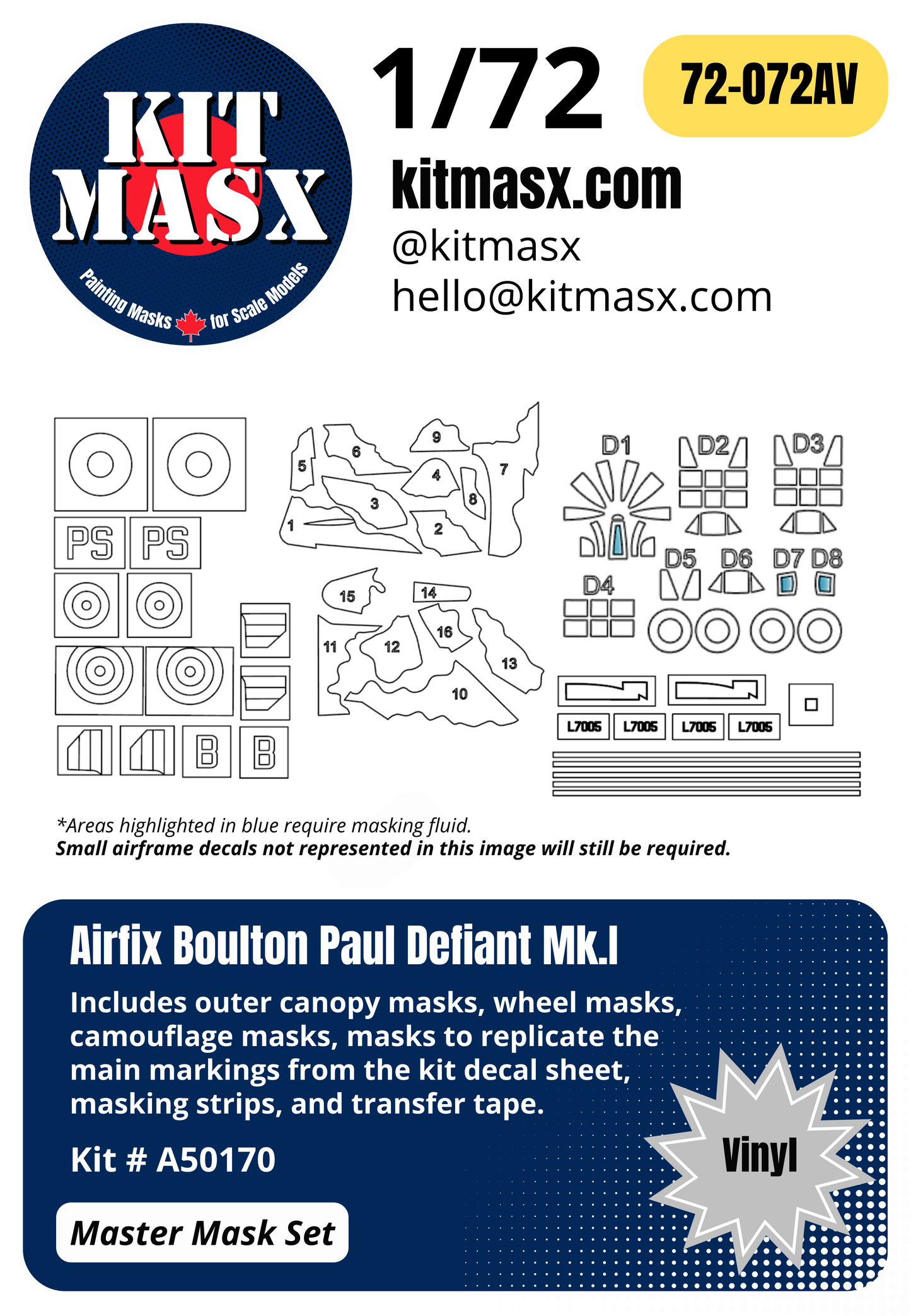 Airfix Boulton Paul Defiant Mk.I 1/72 Canopy, Camouflage, & Main Marking Paint Masks, Kit # A50170