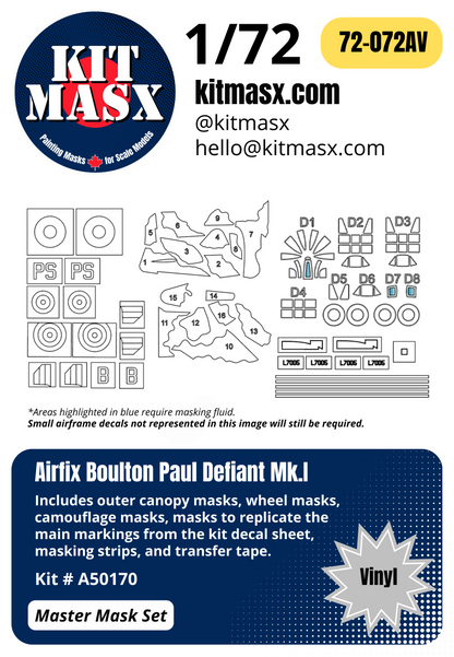 Airfix Boulton Paul Defiant Mk.I 1/72 Canopy, Camouflage, & Main Marking Paint Masks, Kit # A50170