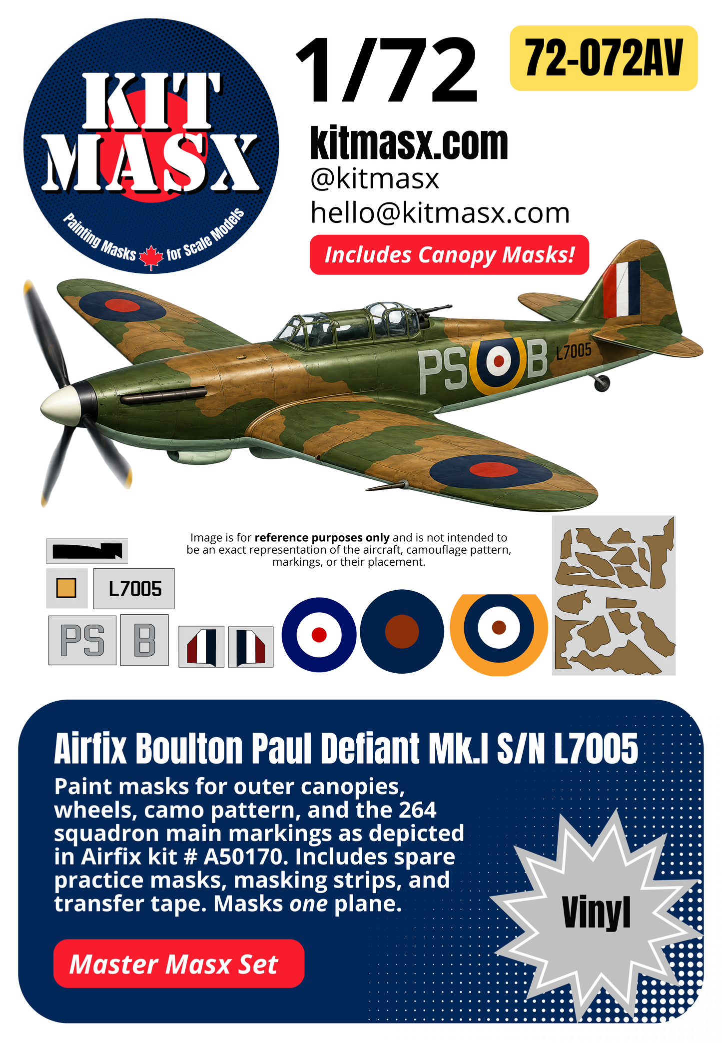 Airfix Boulton Paul Defiant Mk.I S/N L7005 1/72 All-in-One Master Mask Set, Kit # A50170 (72072A)