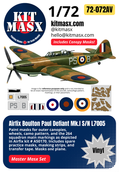 Airfix Boulton Paul Defiant Mk.I S/N L7005 1/72 All-in-One Master Mask Set, Kit # A50170 (72072A)