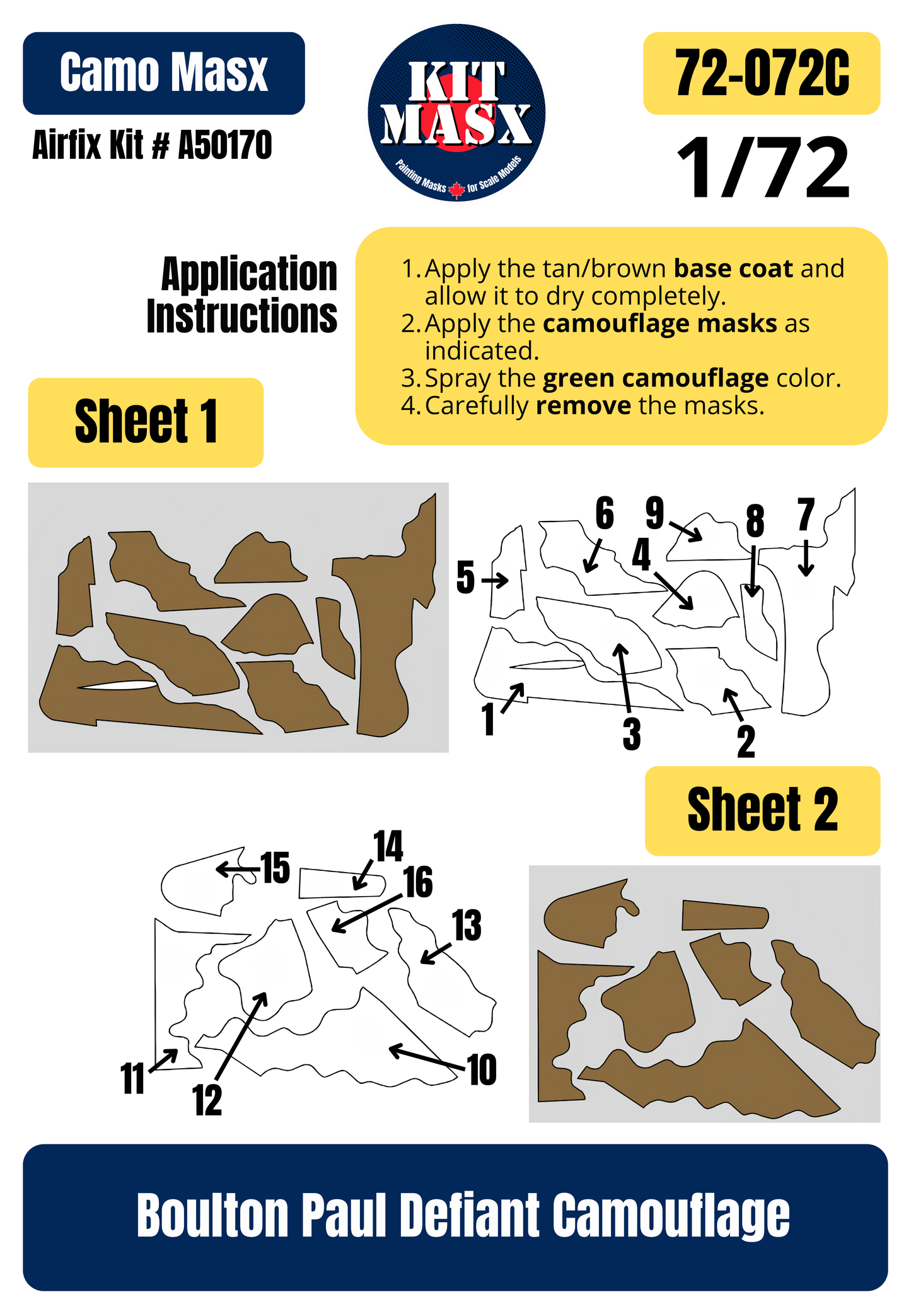 Boulton Paul Defiant 1/72 Camouflage Paint Masks, Kit # A50170 (72072C)