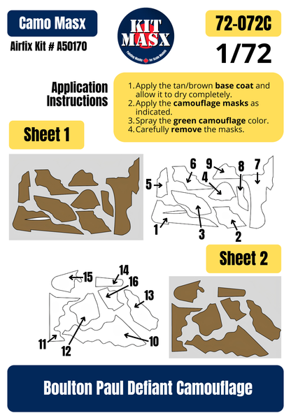 Boulton Paul Defiant 1/72 Camouflage Paint Masks, Kit # A50170 (72072C)