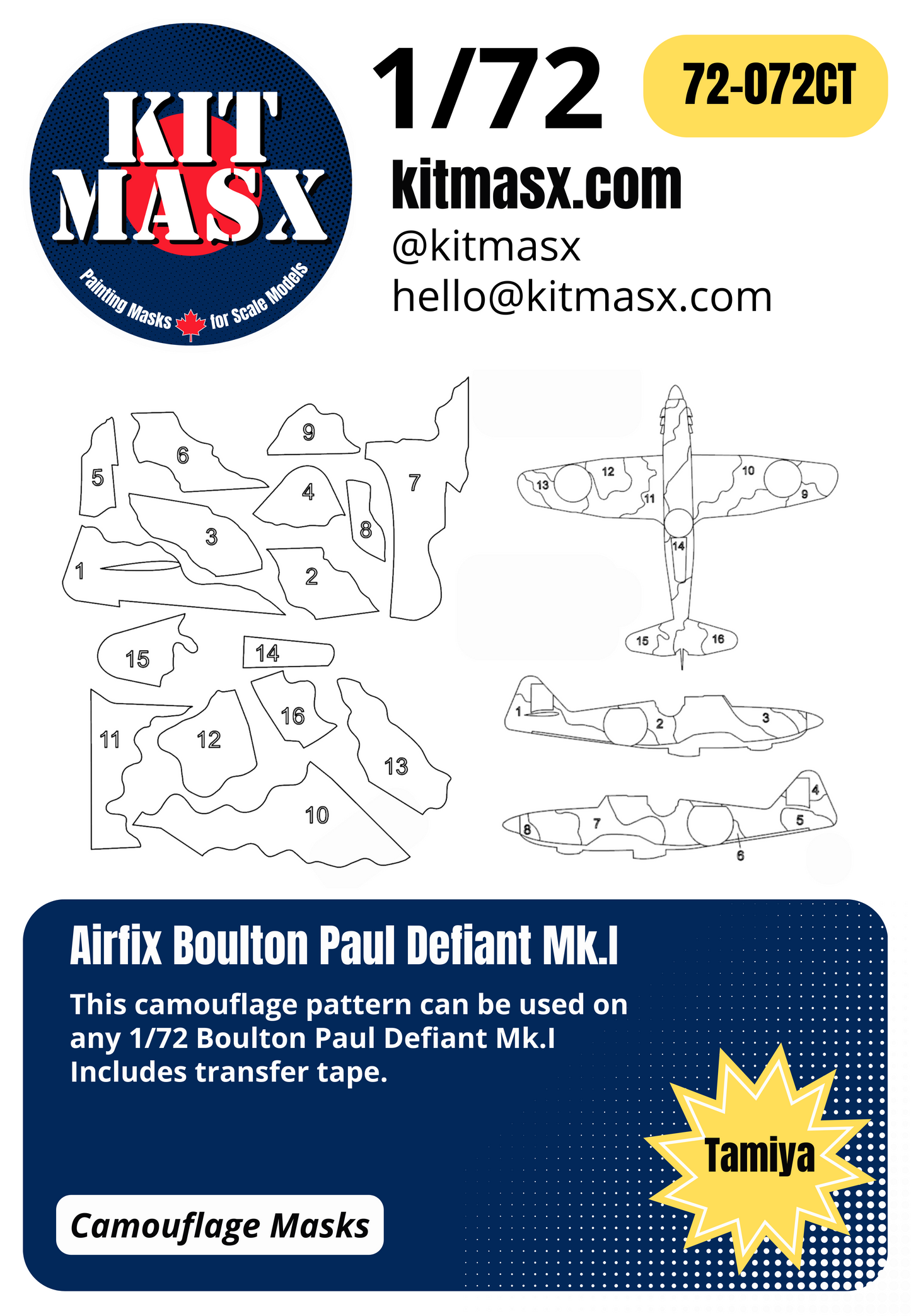 Airfix Boulton Paul Defiant Mk.I 1/72 Canopy, Camouflage, & Main Marking Paint Masks, Kit # A50170
