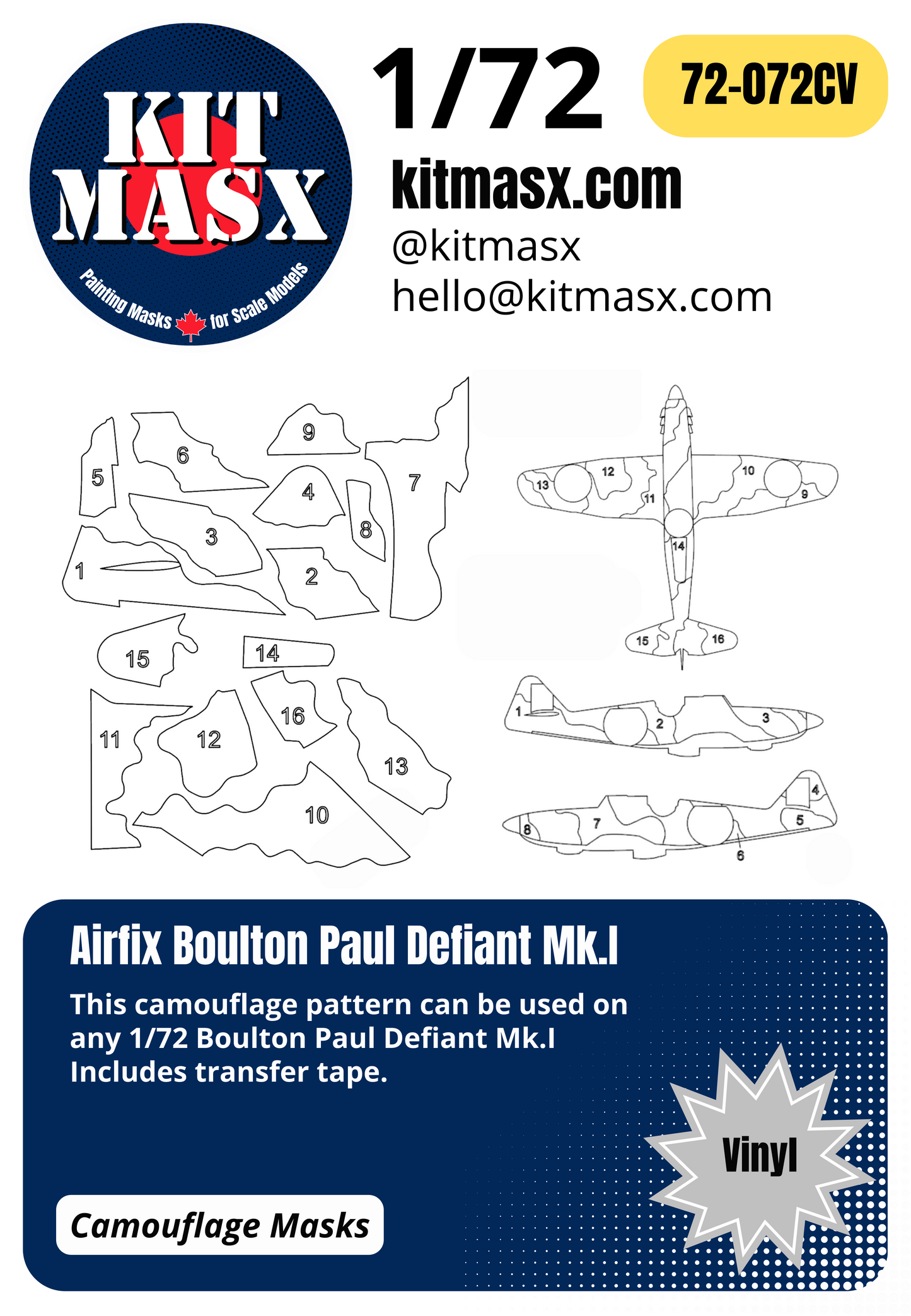 Airfix Boulton Paul Defiant Mk.I 1/72 Canopy, Camouflage, & Main Marking Paint Masks, Kit # A50170