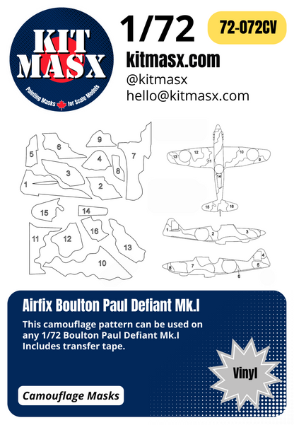 Airfix Boulton Paul Defiant Mk.I 1/72 Canopy, Camouflage, & Main Marking Paint Masks, Kit # A50170