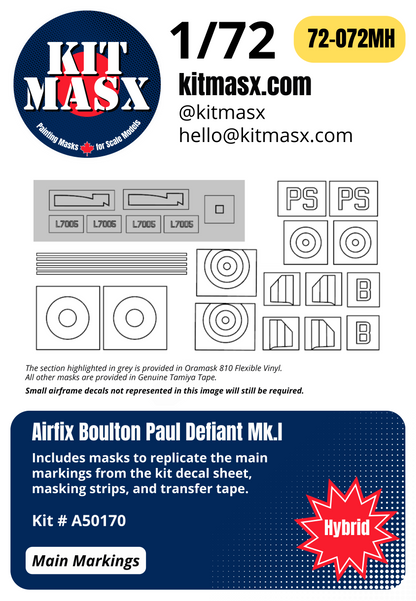 Airfix Boulton Paul Defiant Mk.I 1/72 Canopy, Camouflage, & Main Marking Paint Masks, Kit # A50170
