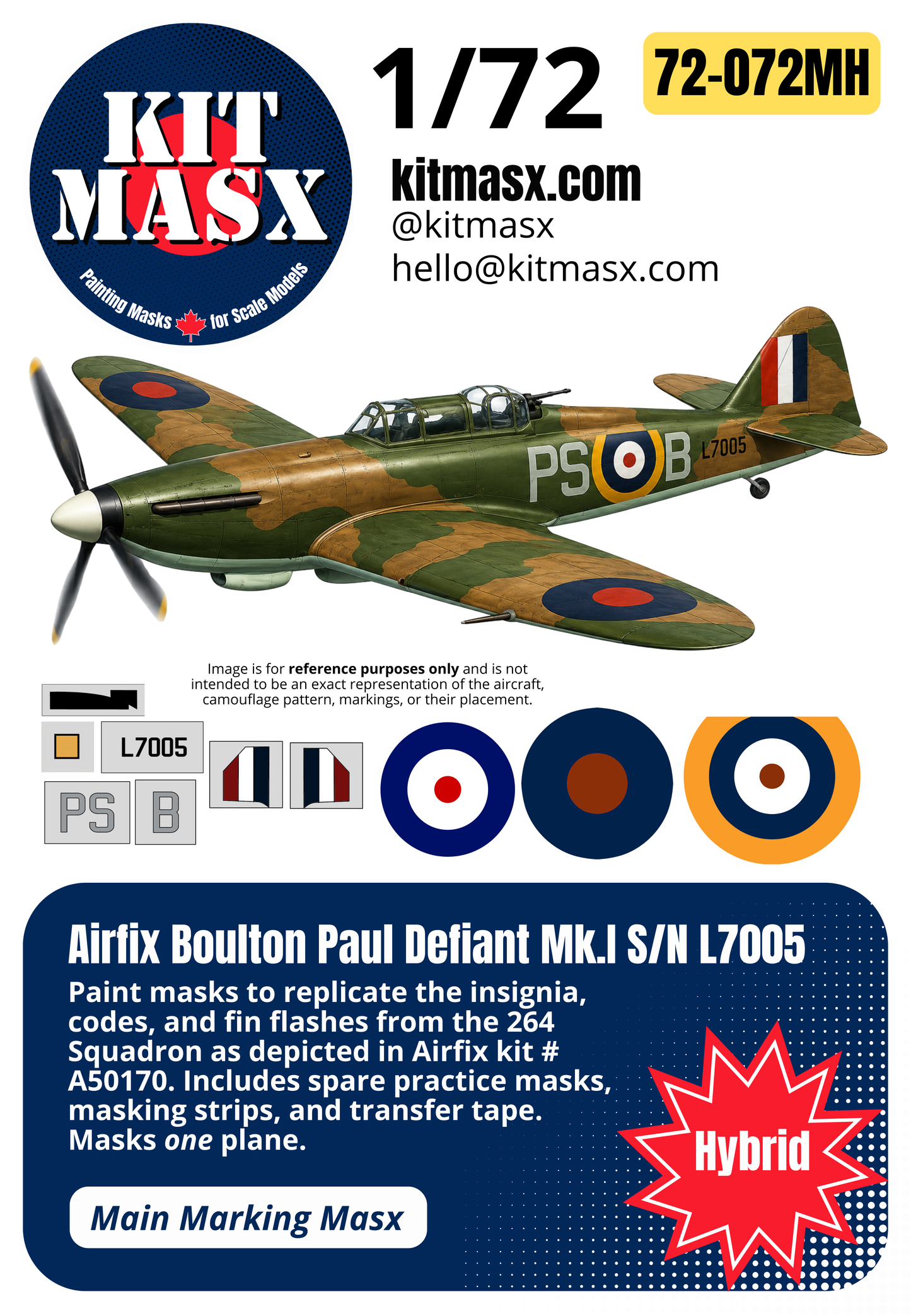 Airfix Boulton Paul Defiant Mk.I S/N L7005 1/72 Main Marking Paint Masks, Kit # A50170 (72072M)