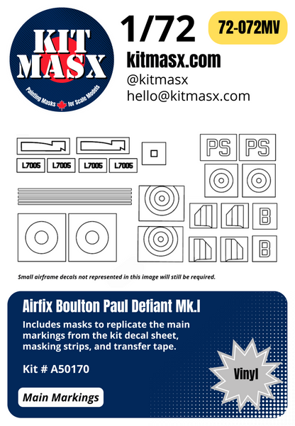 Airfix Boulton Paul Defiant Mk.I 1/72 Canopy, Camouflage, & Main Marking Paint Masks, Kit # A50170
