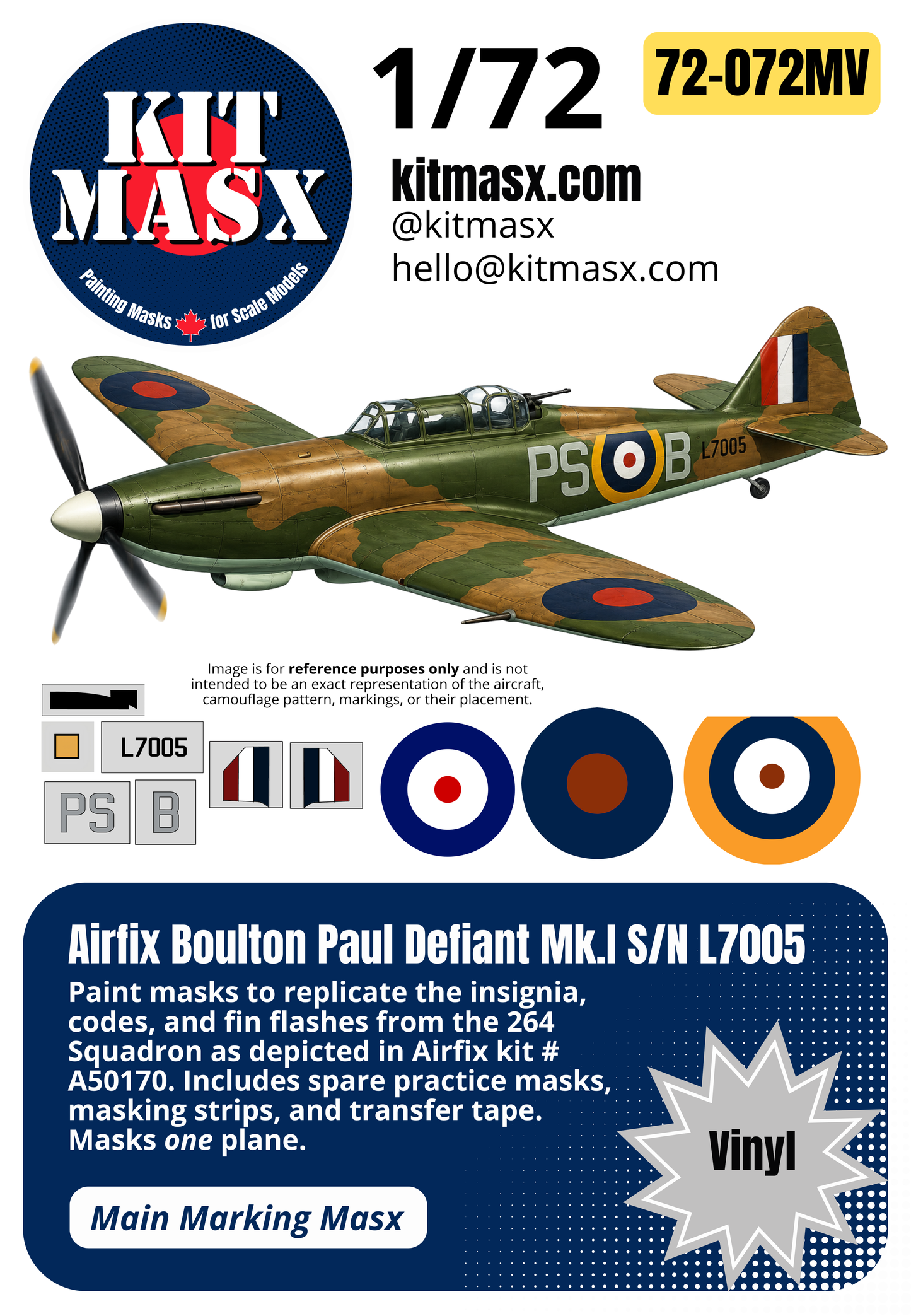 Airfix Boulton Paul Defiant Mk.I S/N L7005 1/72 Main Marking Paint Masks, Kit # A50170 (72072M)